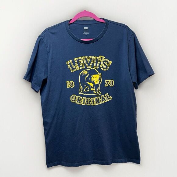 Levi's T Shirt Mens Large Navy Blue Bear‎ Graphic Short Sleeve Crew Neck - Picture 1 of 7